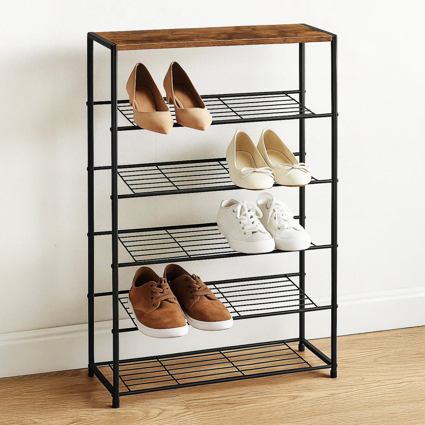 Pantofar modern stil industrial, Zola, 4 rafturi, cadru metalic, blat laminat, 63 x 30 x 83 cm, stejar natur Pantofar modern stil industrial, Zola, 4 rafturi, cadru metalic, blat laminat, 63 x 30 x 83 cm, stejar natur